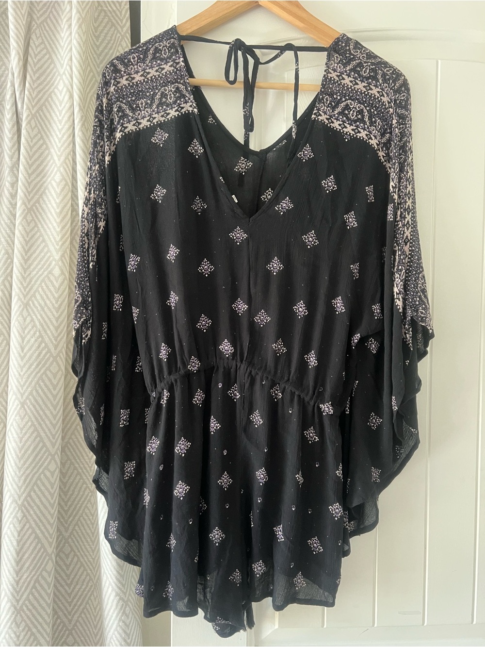 En Creme Black Printed Romper with Tie Back